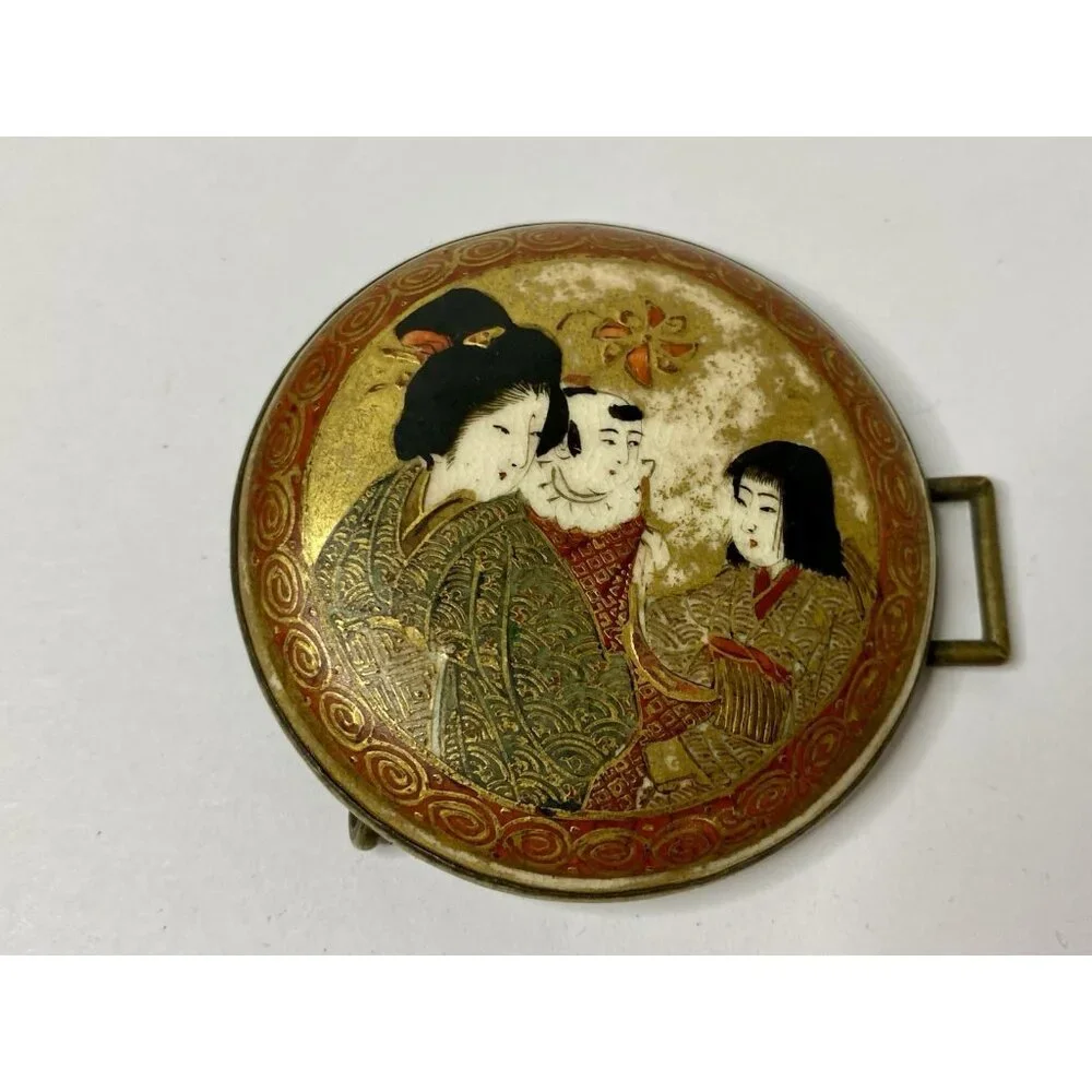 Antique Japanese Satsuma Belt‎ Buckle Geisha Design Meiji Hand Painted READ